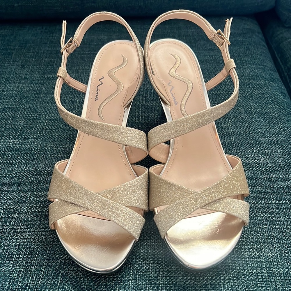 Nina Nazlee, 8.5 size heels, platino refined, yellow gold.
